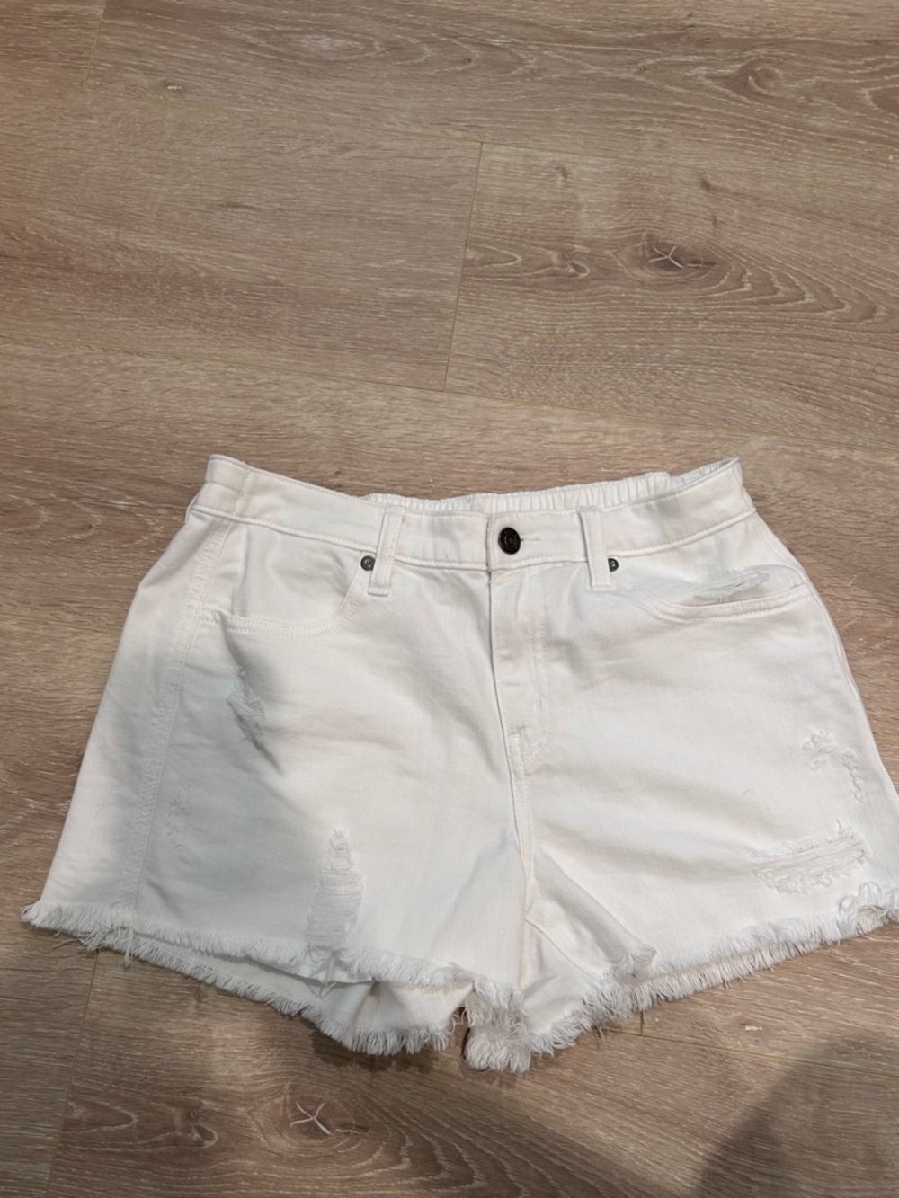 Aerie small White Women’s Frayed Hem Denim Shorts elastic comfy